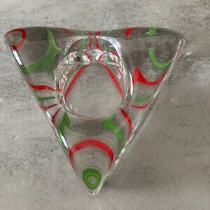 Kosta Boda VTG Piece of Cake Red Green Stripe Triangle Candleholder Signed